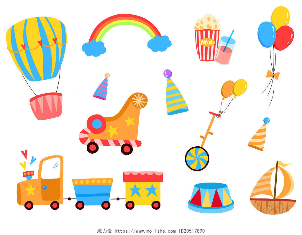 游乐园游乐场公园热气球小火车马戏团气球独轮车元素儿童节